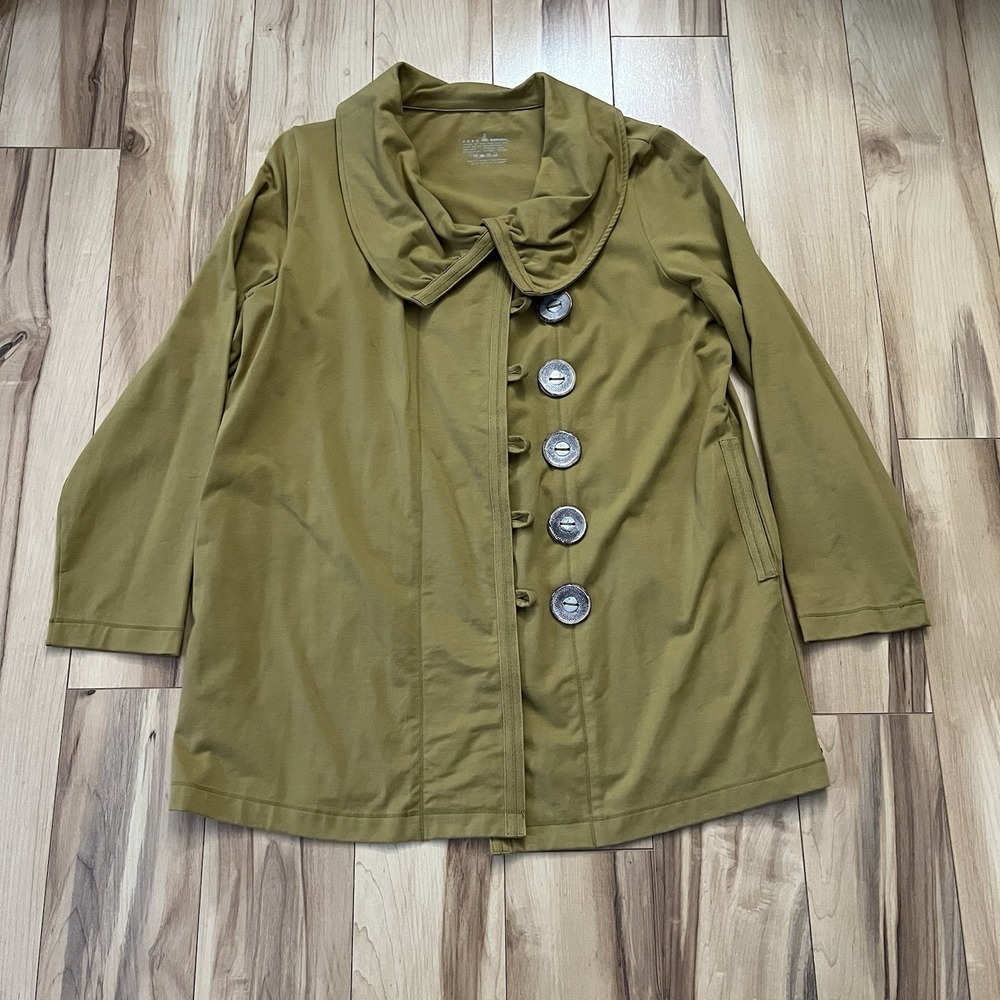 Neon Buddha Jacket L Olive Color Art To Wear Button Front Cotton Blend Stretch
